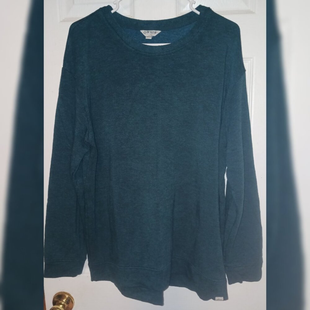 Orvis Women's Relaxed Fit Hi-Low Rounded Hem Cozy Pullover Teal Large EUC Soft